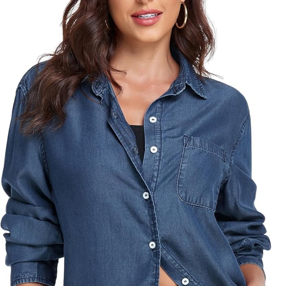 Women's Dark Blue Button Up Cotton Long Sleeve Lightweight Denim Shirt Size M